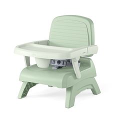 a green high chair with the seat up