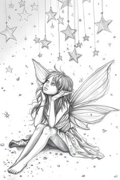 a pencil drawing of a fairy sitting on the ground with stars hanging from her back