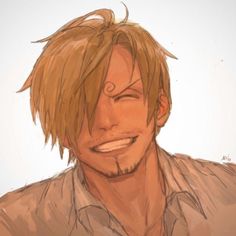 a drawing of a man with blonde hair and brown eyes smiling at the camera while wearing a button up shirt