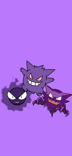 three cartoon characters are standing next to each other on a purple background, one is looking at the camera