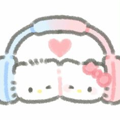 an image of hello kitty with headphones on it's ears and hearts in the background