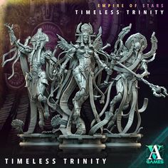 an image of some statues that are in the middle of a poster for timeless trinity