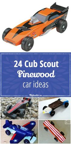 some toy cars are shown with the words, 24 club scout pinewood car ideas