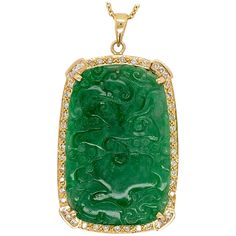 Rare GIA Certified Estate Natural Diamond and Jade 18k Yellow Gold Pendant measuring 43.01x28.25x4.44mm. The Pendant is set with a Natural Translucent Jadeite Jade Green Carving with Natural Color, no indications of impregnation. The total weight of the piece is 24.33 grams. The Carving is mounted in a 18K Gold Pendant set with 49 Natural Round Brilliant Diamonds weighing approximately 1ct. The diamonds are approximately G in color and VS in clarity. Diamond Gold Pendant, Imperial Jade, Verde Jade, Diamond Flower Pendant, Jade Bead Necklace, Contemporary Necklace, Diamond Jewelry Designs, Gold Pearl Necklace, White Gold Necklaces