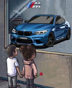 two children standing in front of a blue car with the bmw m logo above it