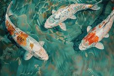 three koi fish are swimming in the water