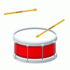 a red drum and two drumsticks are shown in this cartoon style illustration on a white background