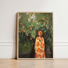 a painting of a woman standing in front of an orange tree