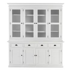 a white china cabinet with glass doors and drawers on the bottom, in front of a white background