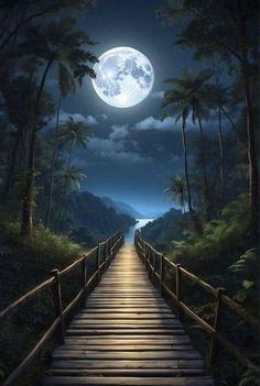 a wooden walkway leading to a full moon