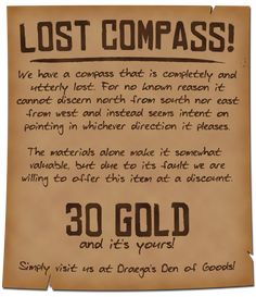 a piece of paper with the words lost compass written on it and an ad for gold