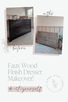 the before and after of a dresser makeover