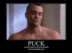 a man with his eyes closed in front of a mirror that says puck he can't hear you over the sound of how awesome me is