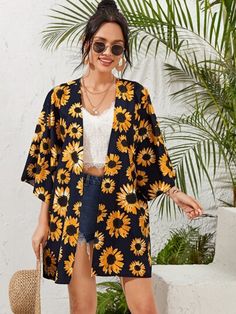 Kimonos | Long & Short Kimonos |SHEIN IL Sunflower Fashion, Fall Kimono, Goa Outfits, Look Kimono, Sunflower Outfit, Looks Hip Hop, Kimono Outfit, Mode Kimono, Casual Kimono