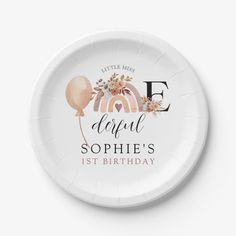 a white paper plate with the words, love around sophi's 1st birthday on it