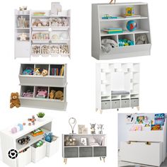 four different shelves with toys and other items in them, including bookshelf, toy storage bins, stuffed animals, and more