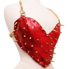 Made of goat skin shiny red leather. Decorated with golden spikes. Bust: 83cm Underbust: 72cm Golden Outfit Aesthetic, Red Heart Outfit, Red Corset Outfit, Heart Corset, Drag Outfits, Corset Etsy, Lizzie Hearts, Red Clothing, Leather Heart