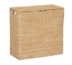 a large wicker basket with handles on the side and an open lid for storage