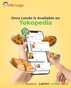 a person holding a cell phone with food on it and the caption oma london is available on tokopedia