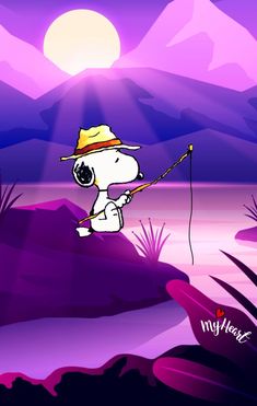 a cartoon dog with a fishing pole in his hand and mountains in the back ground