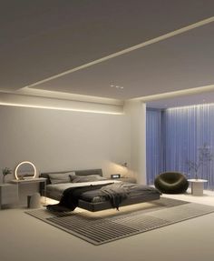 a modern bedroom with white walls and flooring is lit by recessed lighting, along with a large bed in the center