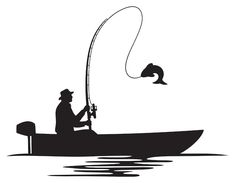 a man fishing on a boat with a fish in the water, silhouetted against a white background