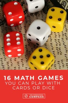 some dices are laying on top of each other with the words 16 math games you can play with cards or dice