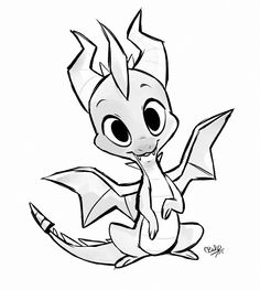 a black and white drawing of a baby dragon