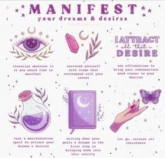 a poster with an image of different things and words in purple on the bottom right hand corner