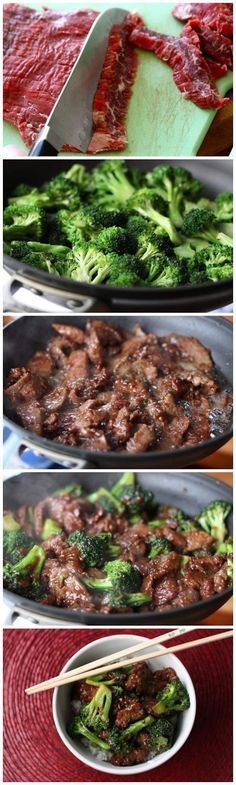 four pictures showing the steps to make beef and broccoli stir - fry with chopsticks