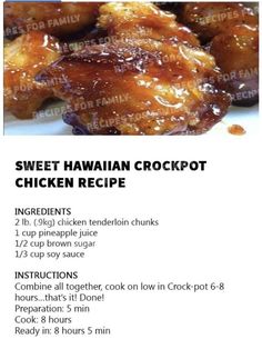 the recipe for sweet hawaiian crockpot chicken is shown in this advertizer