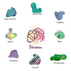 the different types of sea glass are shown in this graphic style, with names and colors