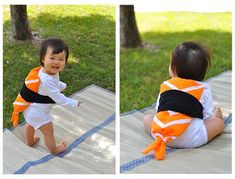 two pictures of a baby wearing an orange and black life jacket, sitting on the ground