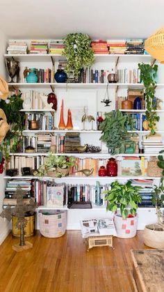 a room filled with lots of books and plants on top of wooden flooring next to a white wall