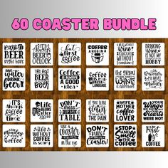 a wooden table topped with lots of coasters covered in different types of words and phrases