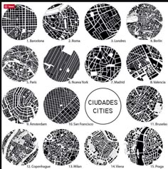 a bunch of circles that are all in different shapes and sizes, with the words cuidades cities on them