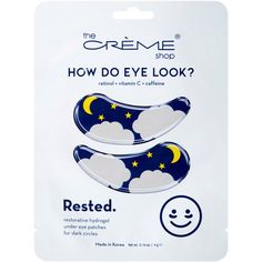 How Do Eye Look? Rested Hydrogel Under Eye Patches -  Get the look of 8 hours of sleep- in 15 minutes! The Creme Shop Restorative Under Eye Patches are your new bestie to help combat dark under eye circles.    Benefits     Helps brighten and protect from UV damage Helps revive dullness Helps fade dark spots     Key Ingredients     Retinol - Stimulates new cell production while fading dark spots Vitamin C - Helps increase elasticity and brighten skin Caffeine - Wakes up tired eyes and helps reduc The Crème Shop, Under Eye Patches, The Creme Shop, Tom Ford Black Orchid, Creme Shop, Under Eye Mask, Dark Under Eye, Eye Patches, Fade Dark Spots