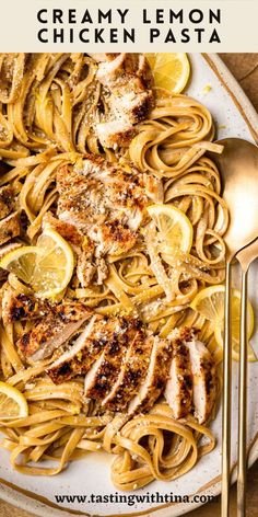 chicken parmesan pasta with lemons on the side and text overlay that says creamy lemon chicken pasta