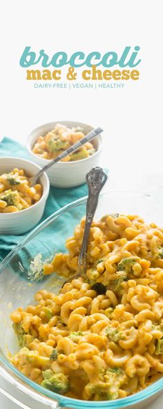 broccoli mac and cheese in a bowl with two servings on the side