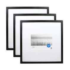 three black and white frames with an ocean scene in the middle, one is empty