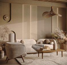 a living room filled with lots of furniture next to a wall mounted light hanging from the ceiling