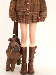 ❤College Style Suit Fur Collar Brown Check Jacket + Pleated Skirt❤︎ Check Jacket, Checked Jacket, College Style, Coffee Colour, College Fashion, Fur Collar, Fur Collars, Pleated Skirt, Fall Winter