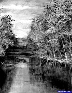 a black and white photo of a river with trees on both sides, in front of a cloudy sky