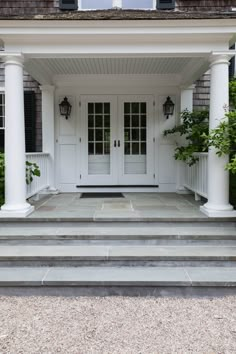 the front entrance to a house with steps leading up to it and potted plants on either side