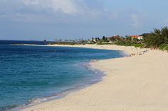 people are walking on the beach near the water