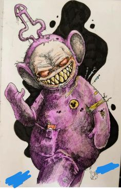 a drawing of a purple rat with an evil smile on it's face and mouth