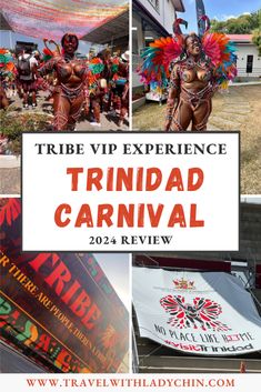 three pictures with the words trip experience trindad carnival in front of them and an image