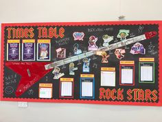 a bulletin board that has various stickers and magnets on it, including a guitar