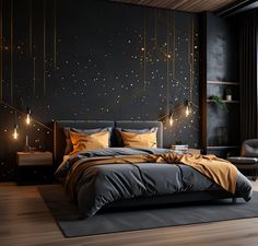 a bedroom with black walls and gold stars on the wall