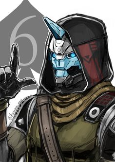 a drawing of a man in armor giving the peace sign with his hand and wearing a helmet